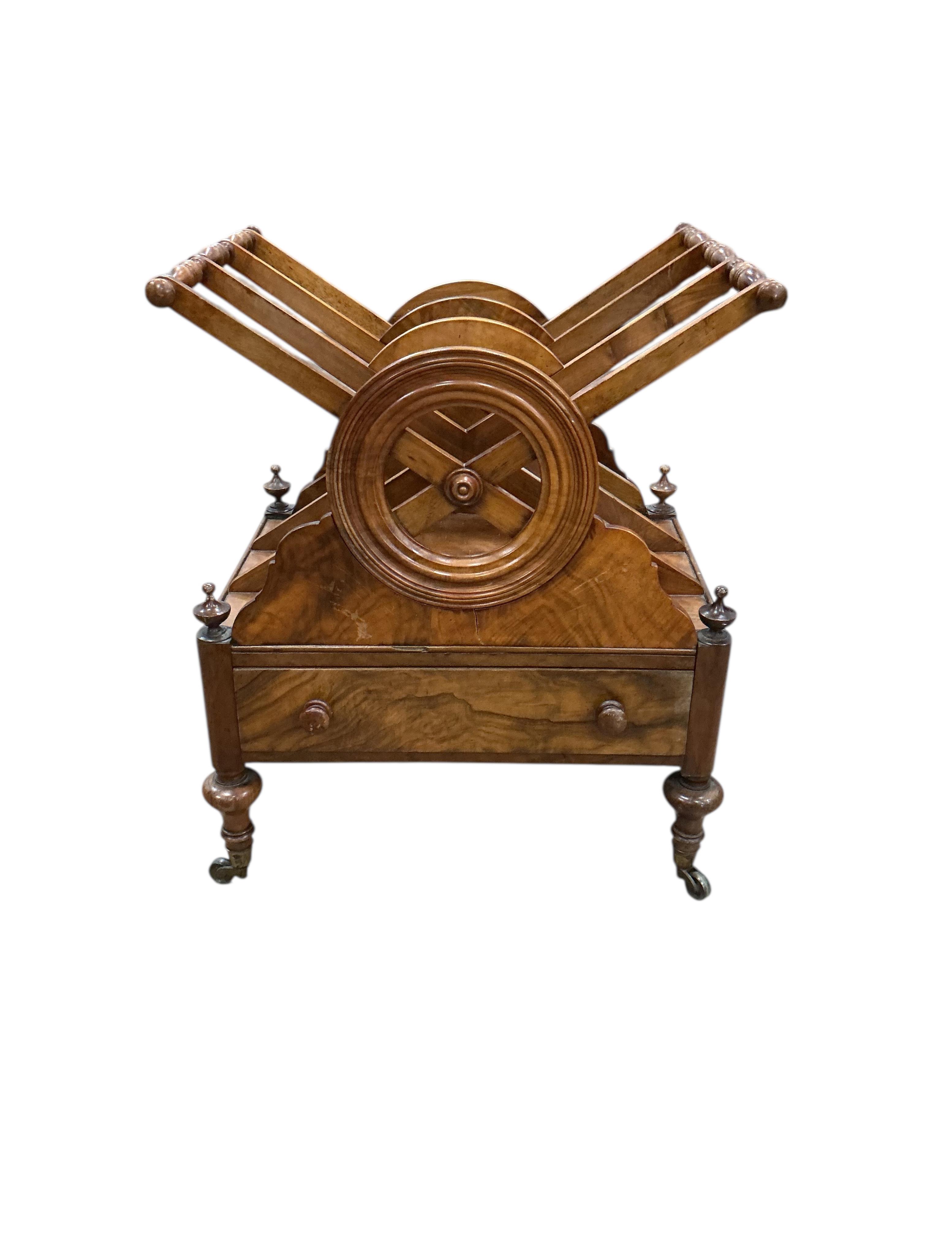 An early Victorian walnut three division Canterbury, width 54cm, depth 40cm, height 83cm